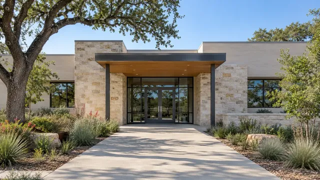 Single-storey limestone civic building with a level walkway to a covered glass entry