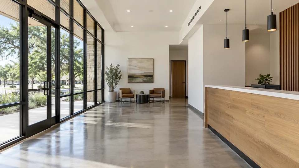Tenant space with storefront glazing, a polished concrete floor and a wood reception counter